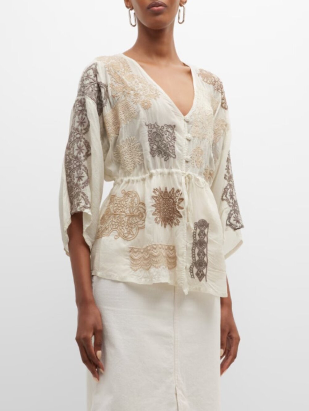 Johnny Was Embroidered Blouse L Cream Cupra Rayon Boho Patchwork Peasant Blouse